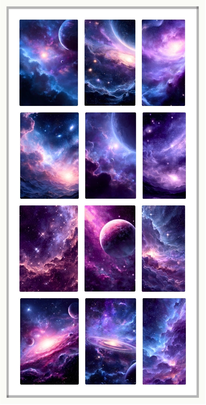Waterslide nail decals with purple and blue nebulae.